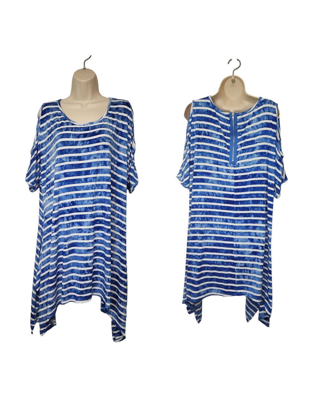 La Vanya Women's Striped V-neck Short Sleeve Hanky Hem Tunic Blouse Size 1X